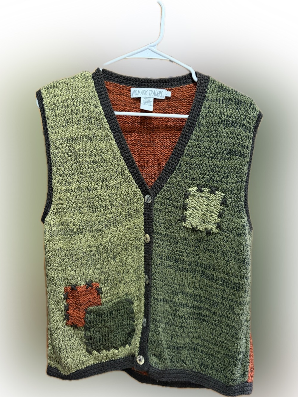 Nomadic Traders Green Knit Vest with Rust Accents- L